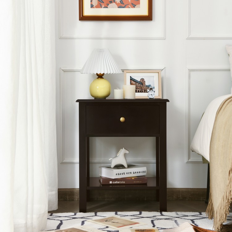 Brown nightstand end table showcasing a drawer and open shelf, perfect for storing books and decorative items beside.