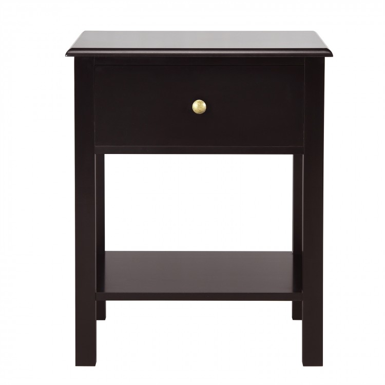 Brown nightstand end table with drawer and shelf, featuring a compact design for bedroom or living room use.