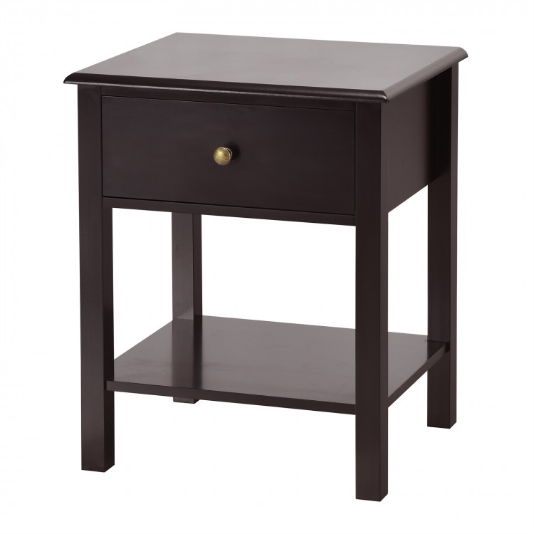 Brown nightstand end table featuring a smooth drawer front and bottom shelf, ideal for stylish bedside organization.