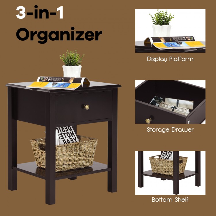 Brown nightstand end table with drawer and bottom shelf, perfect for storing nighttime essentials and decorative items.