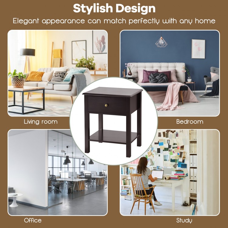 Brown nightstand end table with drawer and shelf, perfect for bedside storage and stylish decor in any room.