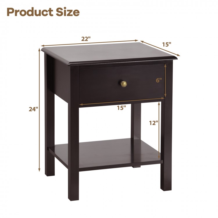 Brown nightstand end table with drawer and shelf, measuring 24" high, 22" wide, and 15" deep, ideal for bedside storage.