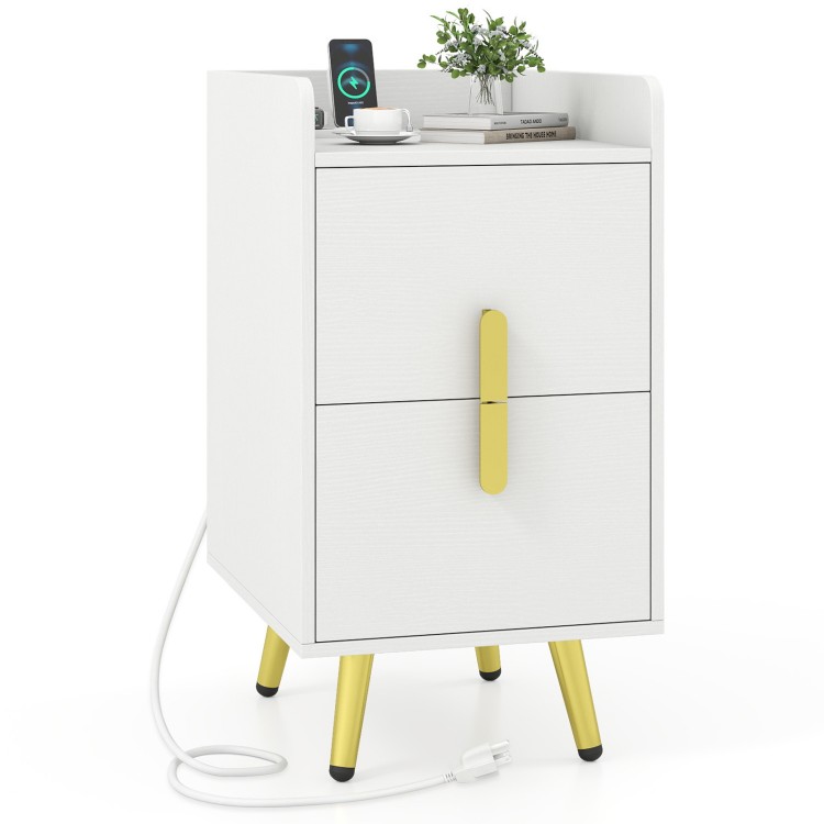 Modern white nightstand with 2 drawers, 2 USB ports, and gold accents, ideal for bedside or side table use.