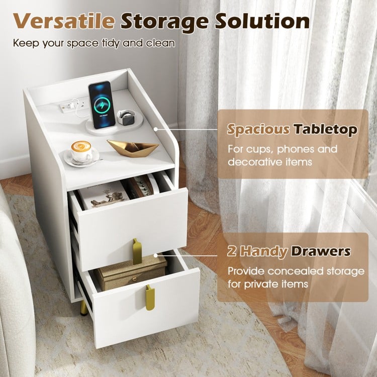 Modern white nightstand with 2 drawers, USB ports, and spacious tabletop for versatile bedside storage and charging.