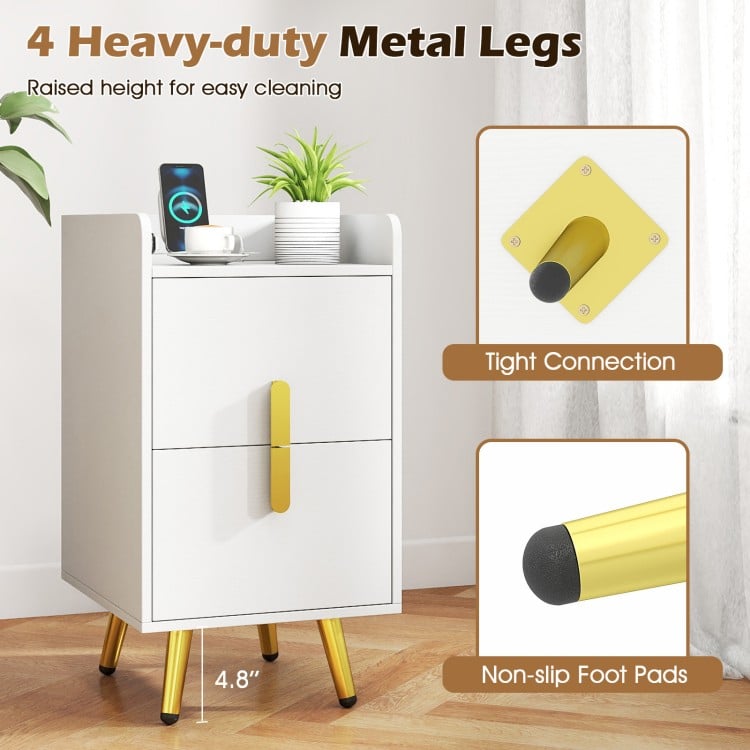 White nightstand with 2 drawers, 2 USB ports, and 4.8" heavy-duty metal legs for versatile bedside or side table use.