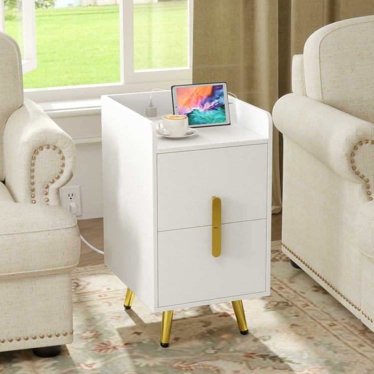 Modern white nightstand with 2 drawers, USB ports, and sturdy metal feet, perfect for bedside or side table use.