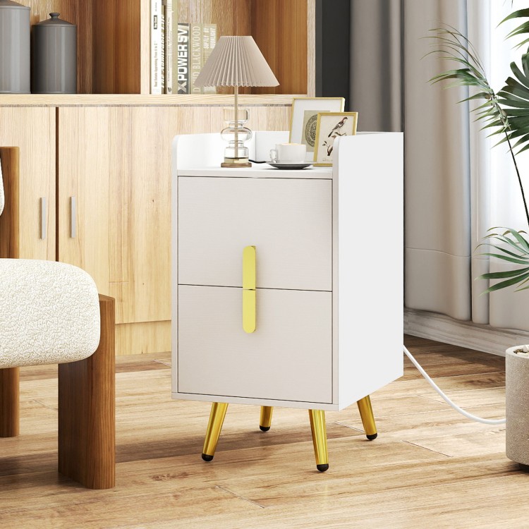 Modern white nightstand with 2 drawers, USB ports, and gold legs, perfect for bedside or side table use.