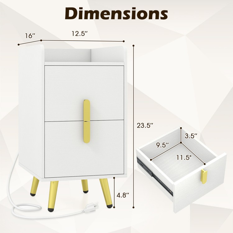 Modern white nightstand with two drawers, USB ports, and dimensions for versatile bedside or side table use.