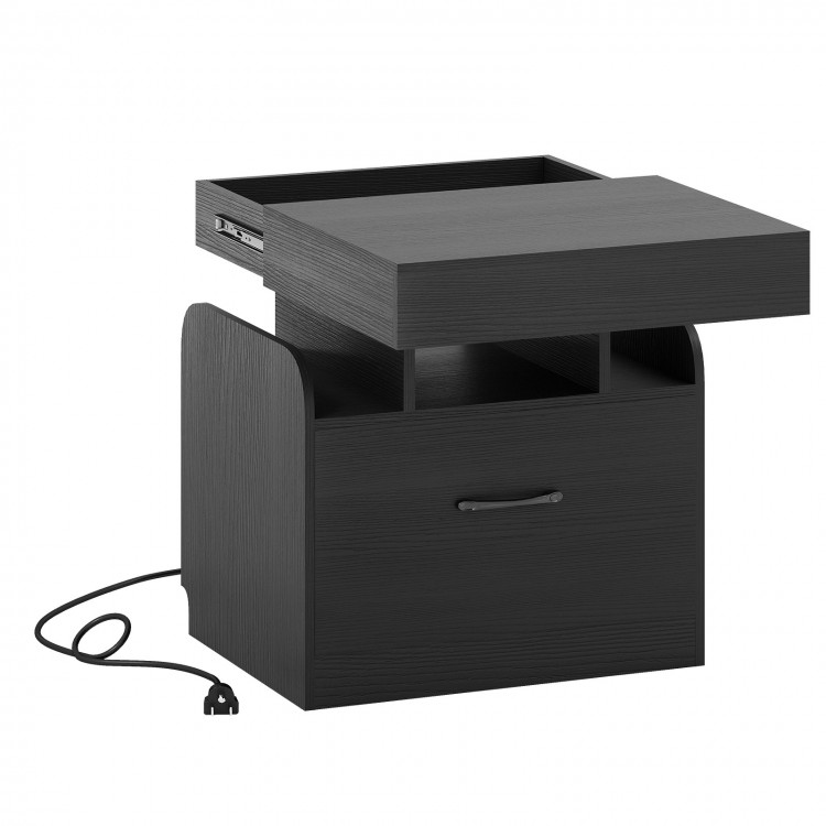 Black nightstand with a sleek design, featuring a sliding top, hidden drawer, and three open compartments for tidy.