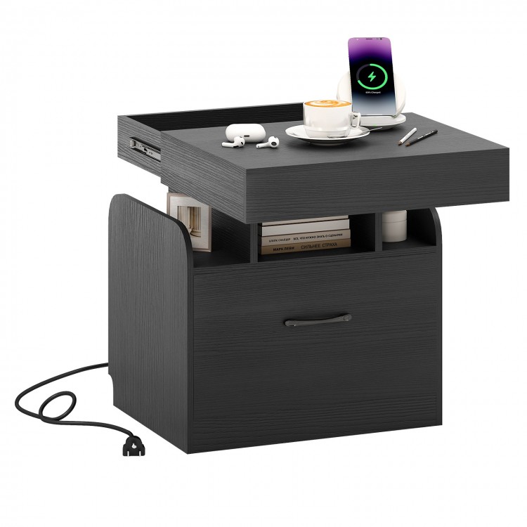 Black nightstand showcasing a sliding top, hidden drawer, and multiple compartments for stylish bedside organization.