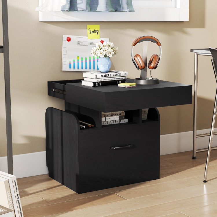 Black nightstand with a sleek design, featuring a pull-out drawer and three open compartments for versatile storage.