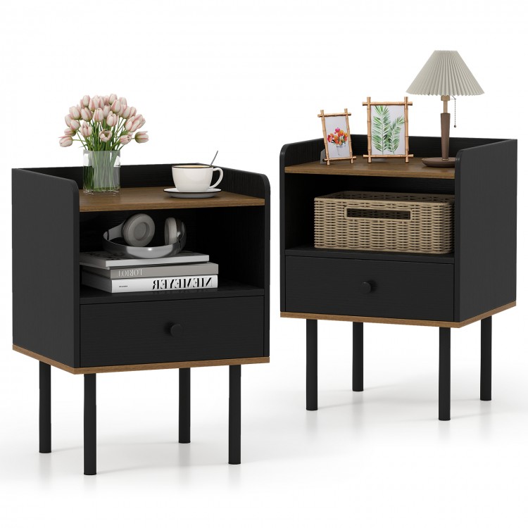 Set of 2 black nightstands with drawer and open shelf, featuring metal legs and a chic design for versatile storage.