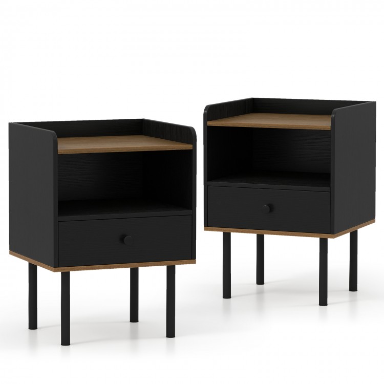 Black nightstand set of 2 with drawer and open shelf, featuring metal legs and chic design for versatile storage.