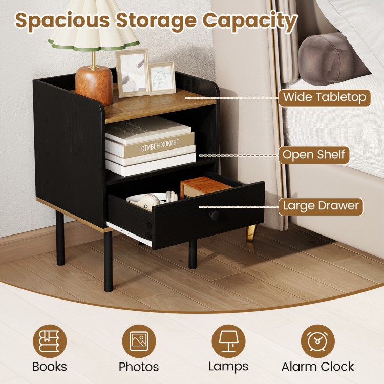 Black nightstand with wide tabletop, open shelf, and large drawer, perfect for bedside storage and organization.