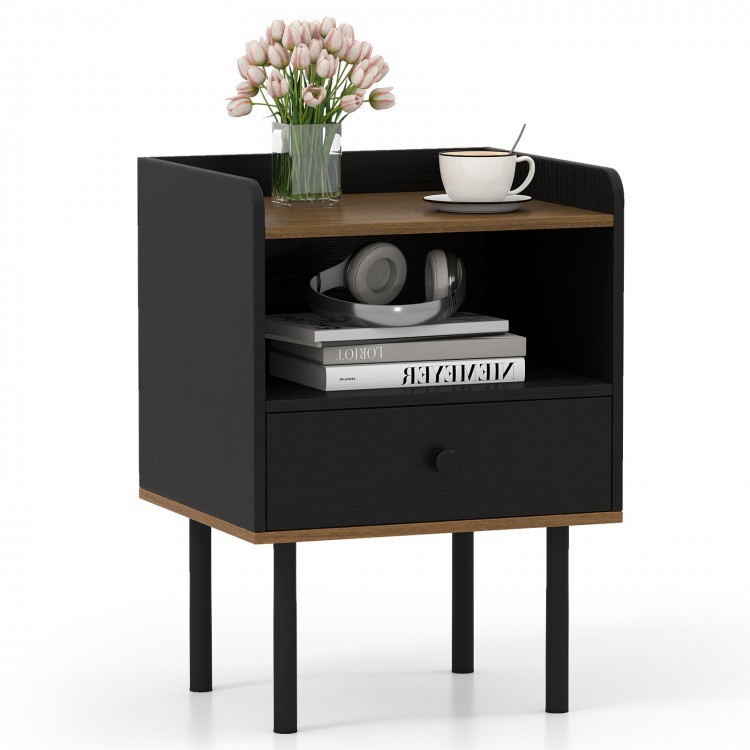 Black nightstand with drawer and open shelf, featuring raised edges and metal legs, ideal for bedside or sofa side use.