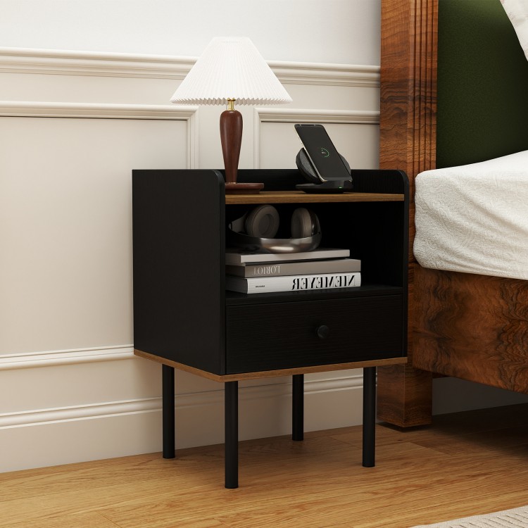 Black nightstand with drawer and open shelf, featuring a wide tabletop and metal legs, ideal for bedroom or living room.