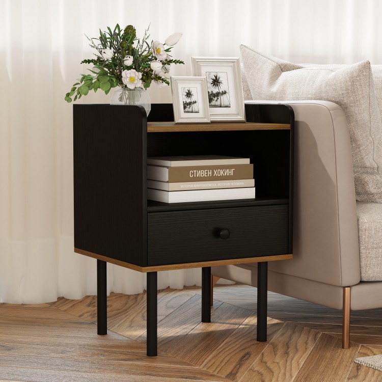 Black nightstand with drawer and open shelf, featuring metal legs and a chic design, perfect for bedside or sofa side.