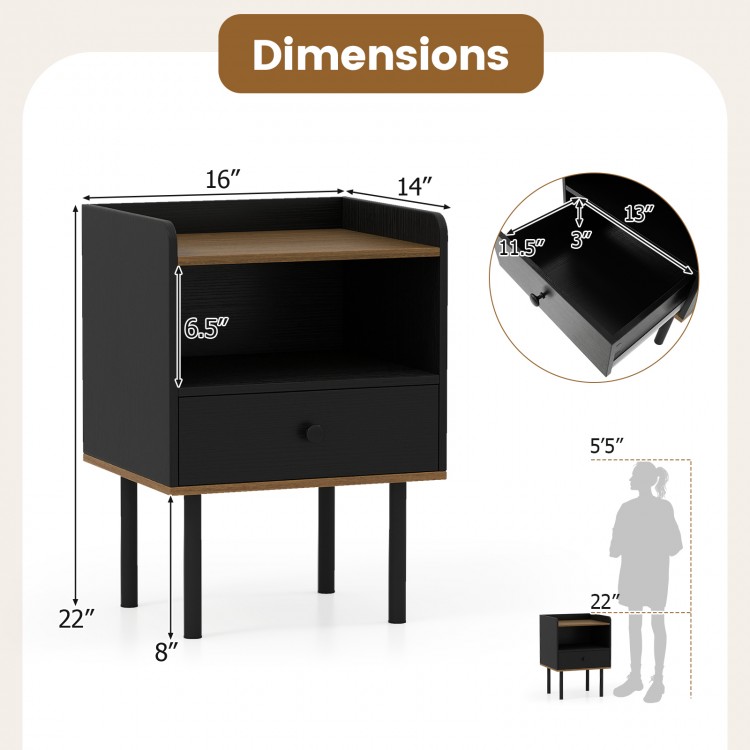 Black nightstand with drawer and open shelf, featuring heavy-duty metal legs and chic design, ideal for bedside or sofa.