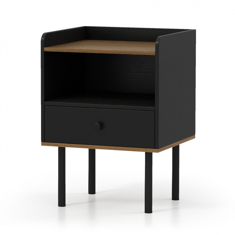 Black nightstand with drawer and open shelf, featuring metal legs and a chic design for versatile storage solutions.
