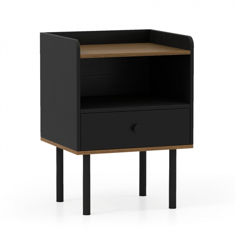Black nightstand with drawer and open shelf, featuring metal legs and raised edges for stylish storage solutions.
