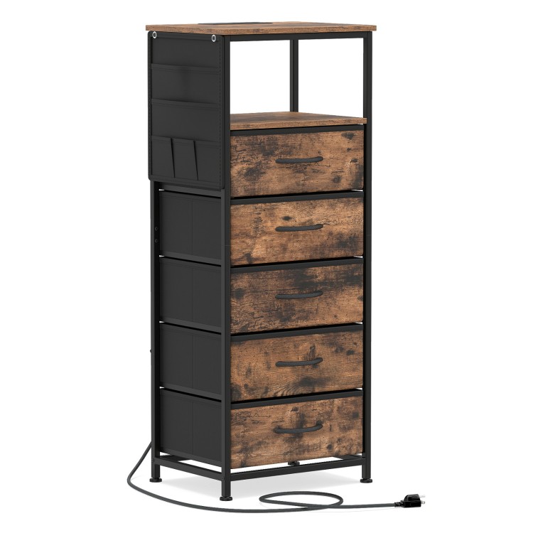 Nightstand with integrated charging station, featuring 5 fabric drawers and a wood-like surface for stylish storage.