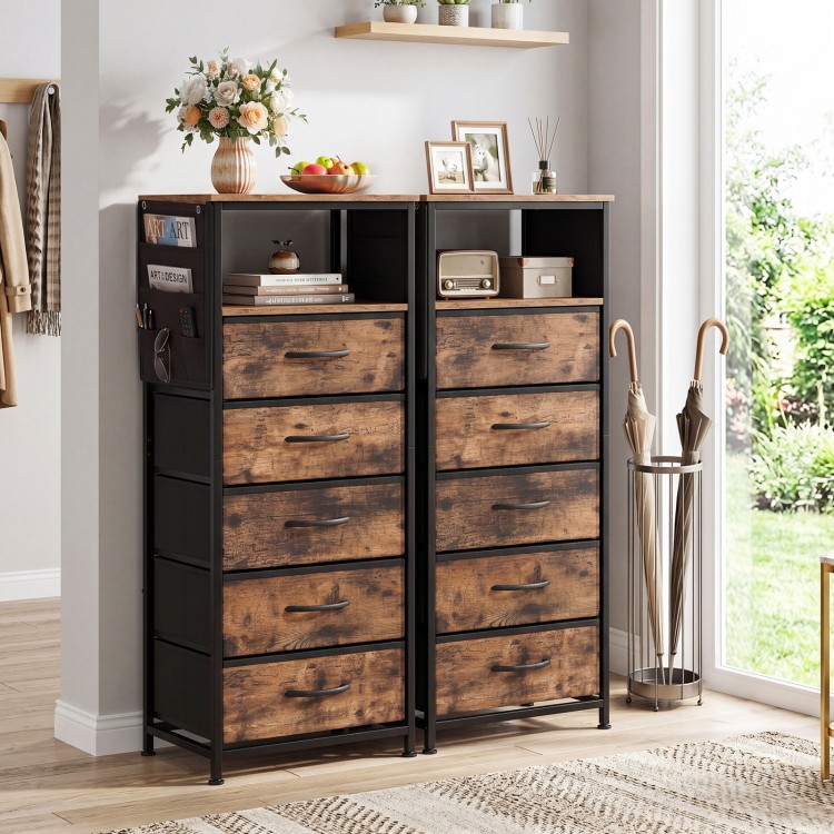 Modern bedside table with brown wood-like surface, 5 fabric drawers, and integrated charging station for versatile.