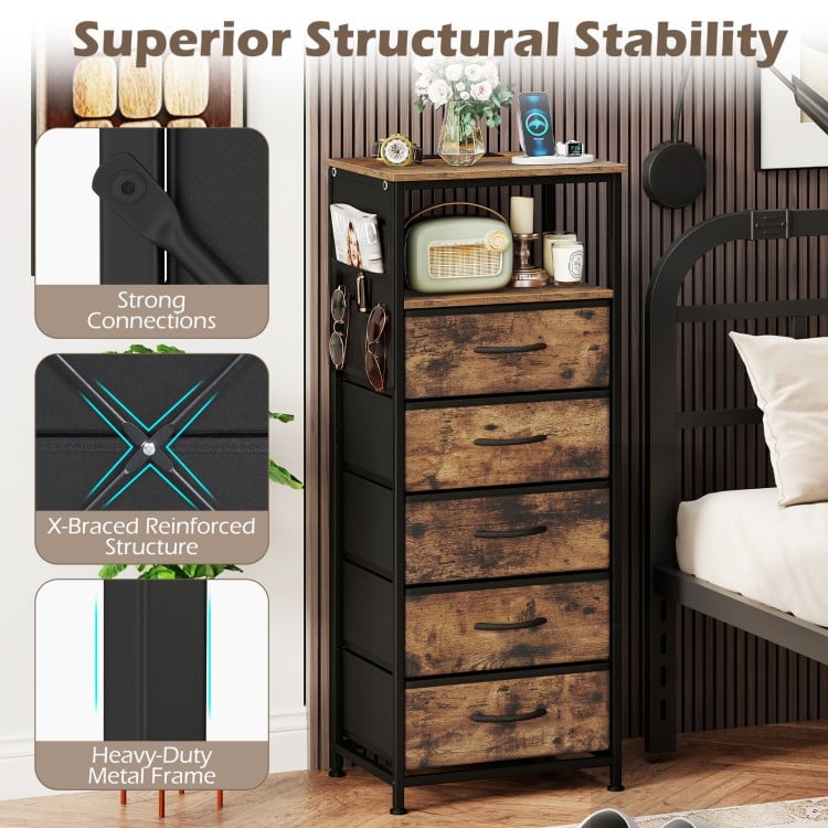 Nightstand with integrated charging station, featuring five fabric drawers and a wood-like surface for stylish storage.