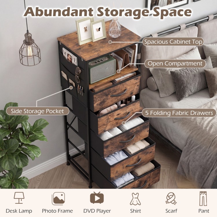 Nightstand with integrated charging station, featuring 5 fabric drawers and a spacious top for versatile storage and.