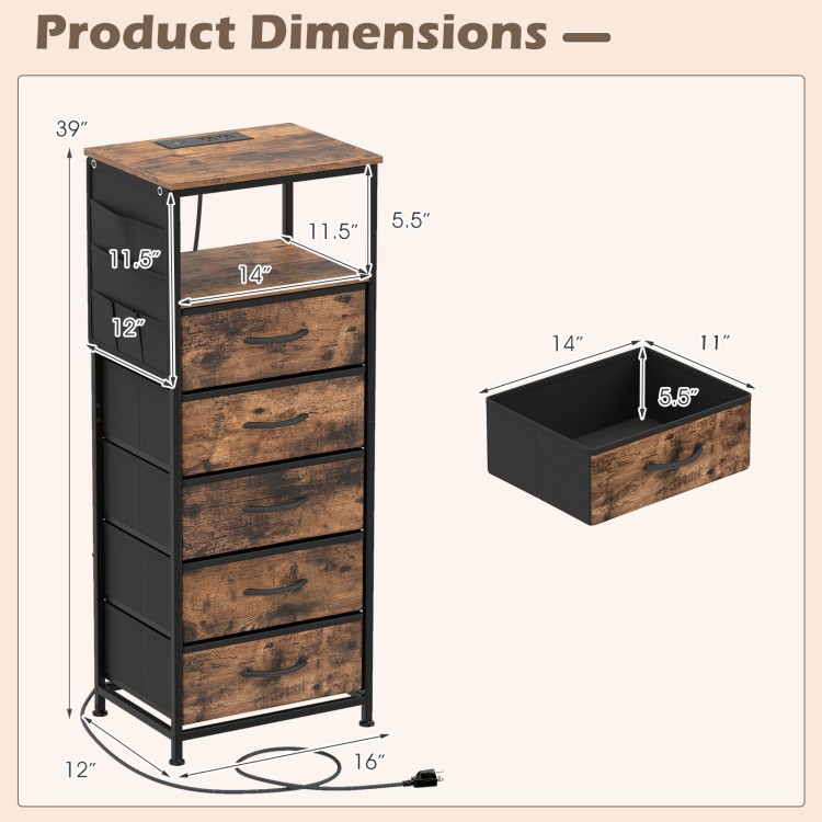 Dimensions of the 39-inch brown nightstand with integrated charging station and five fabric drawers for versatile.