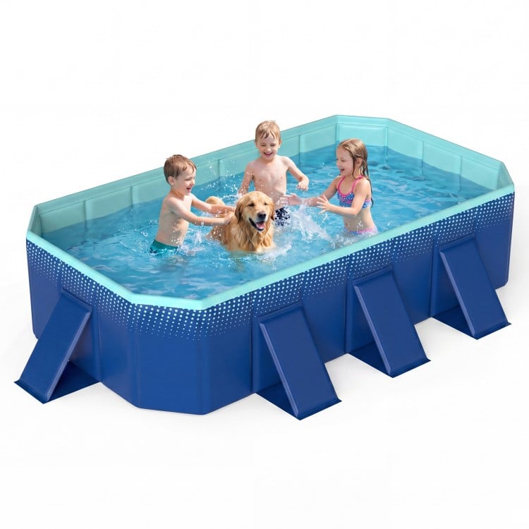 Portable non-inflatable swimming pool with kids and dog, featuring 8 support panels and 198-gallon capacity for outdoor.