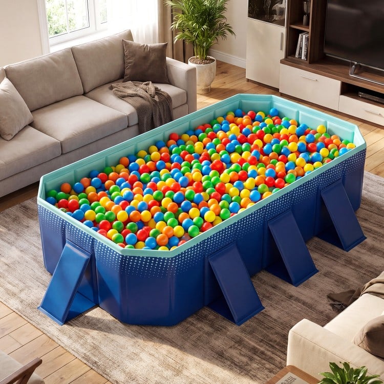 Portable non-inflatable swimming pool in navy with colorful balls, ideal for indoor fun and easy setup.