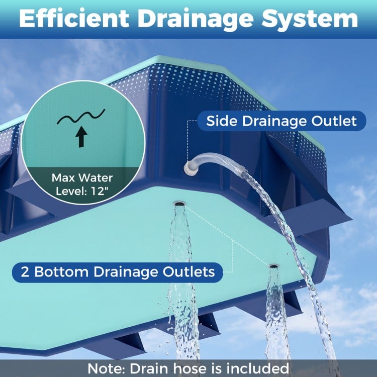 Efficient drainage system with side and bottom outlets on the navy portable swimming pool for quick emptying.
