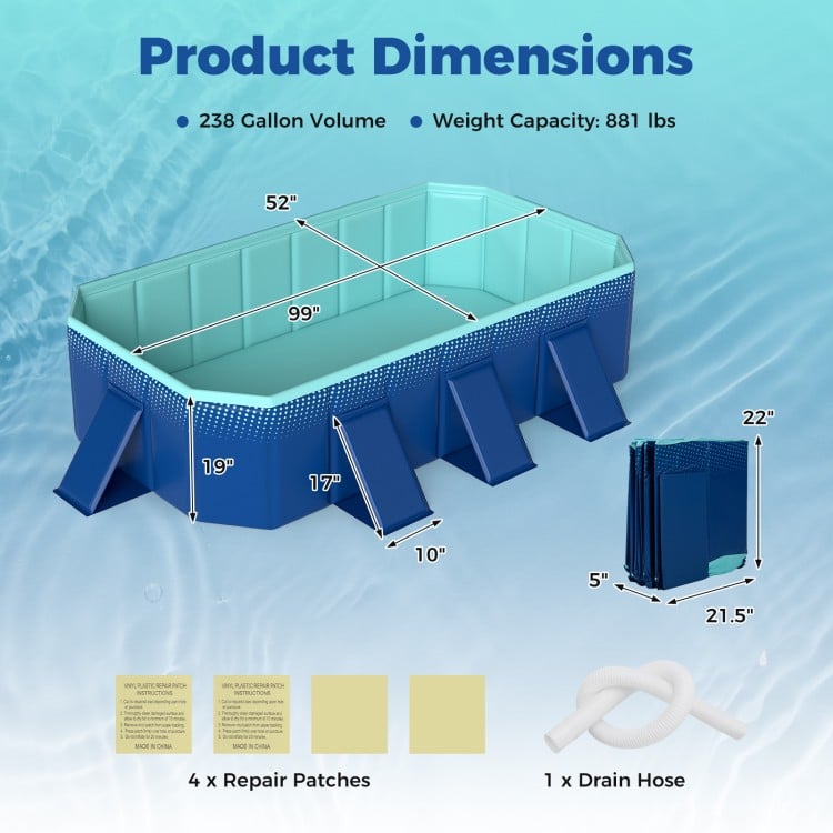 Non-inflatable portable swimming pool dimensions with 238-gallon capacity, 5-layer PVC, and 8 supportive panels.
