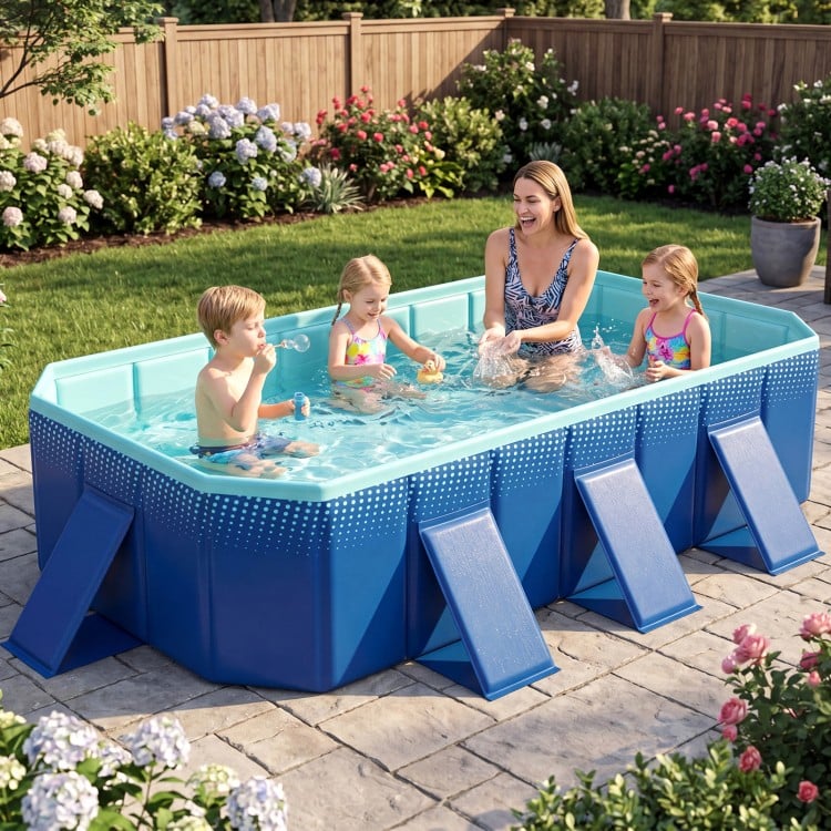 Portable non-inflatable swimming pool with 24 wall panels, perfect for outdoor fun and easy setup for kids.