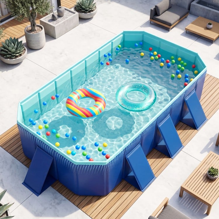 Non-inflatable portable swimming pool in navy with colorful balls and floaties, ideal for outdoor fun and relaxation.