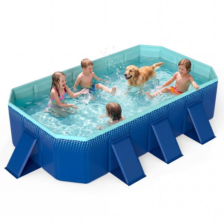 Non-inflatable portable swimming pool with kids and dog splashing, featuring 5-layer PVC and 238-gallon capacity.