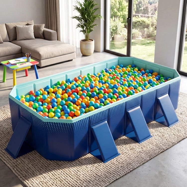 Non-inflatable navy portable swimming pool with colorful balls, ideal for indoor fun and easy setup.