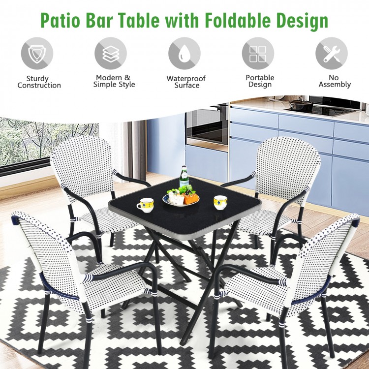 Folding square dining table with aluminum frame and tempered glass top, perfect for patio or garden use.