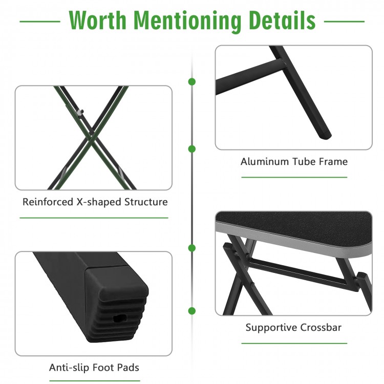 Detail of the anti-slip foot pads and aluminum frame of the patio folding square dining table for stability and.