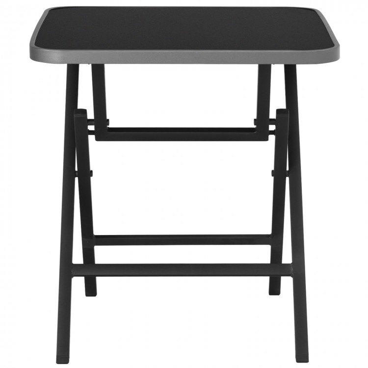 Folding square dining table with aluminum frame and tempered glass top, perfect for outdoor or indoor use.