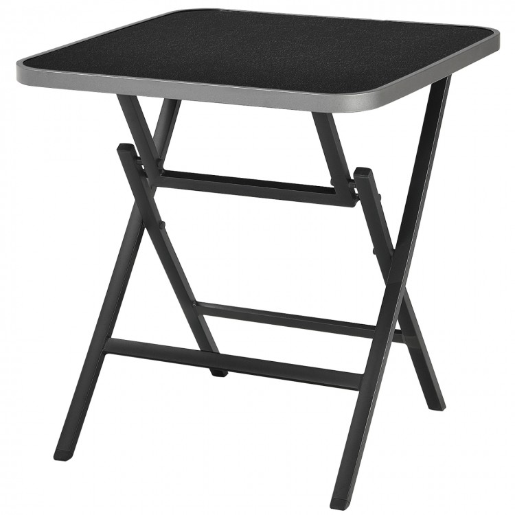 Folding square dining table with aluminum frame and tempered glass top, perfect for indoor or outdoor use.