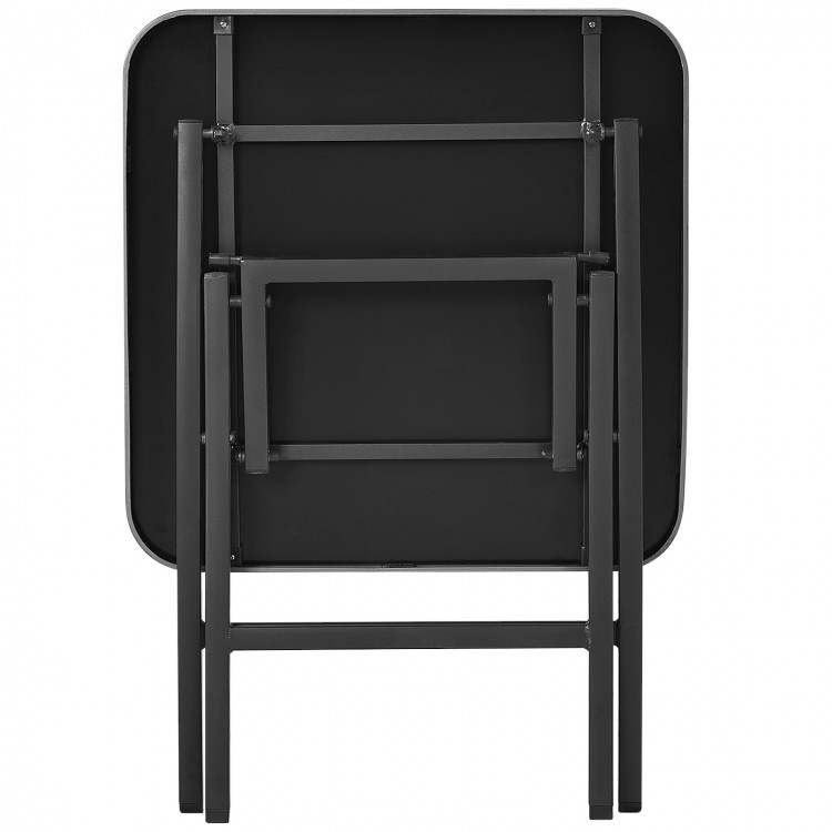 Folding square dining table with aluminum frame and tempered glass top, showcasing a space-saving design for outdoor.