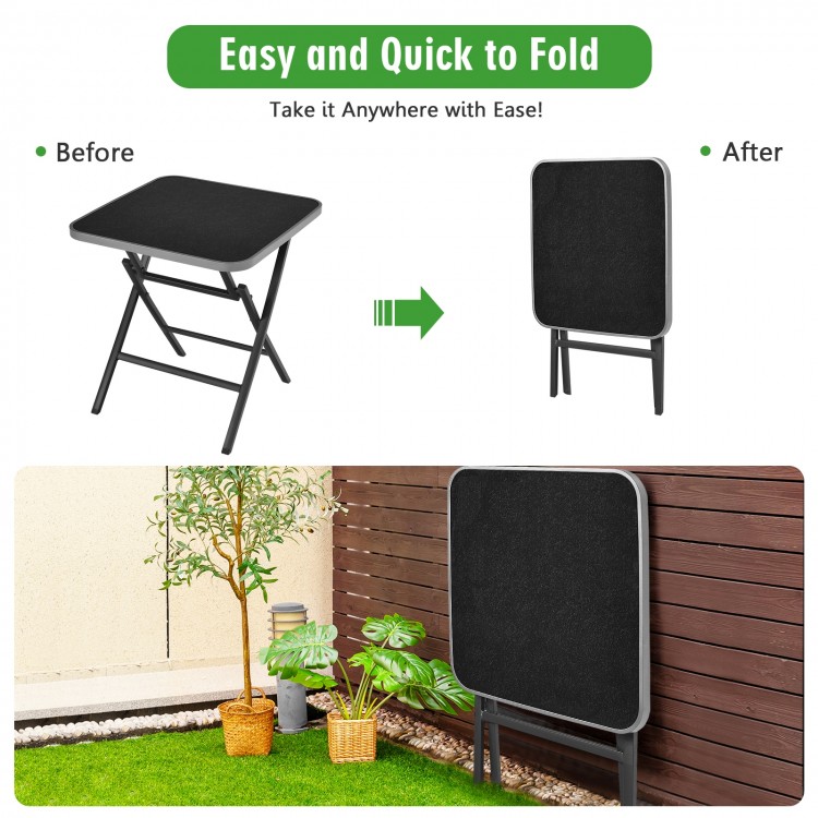 Folding square dining table with tempered glass top, showcasing a quick fold design for easy transport and storage.