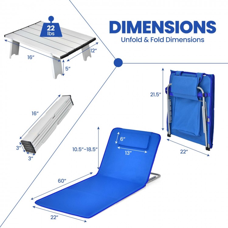 Adjustable lounge chair set with folding table, blue oxford fabric, perfect for beach and outdoor relaxation.