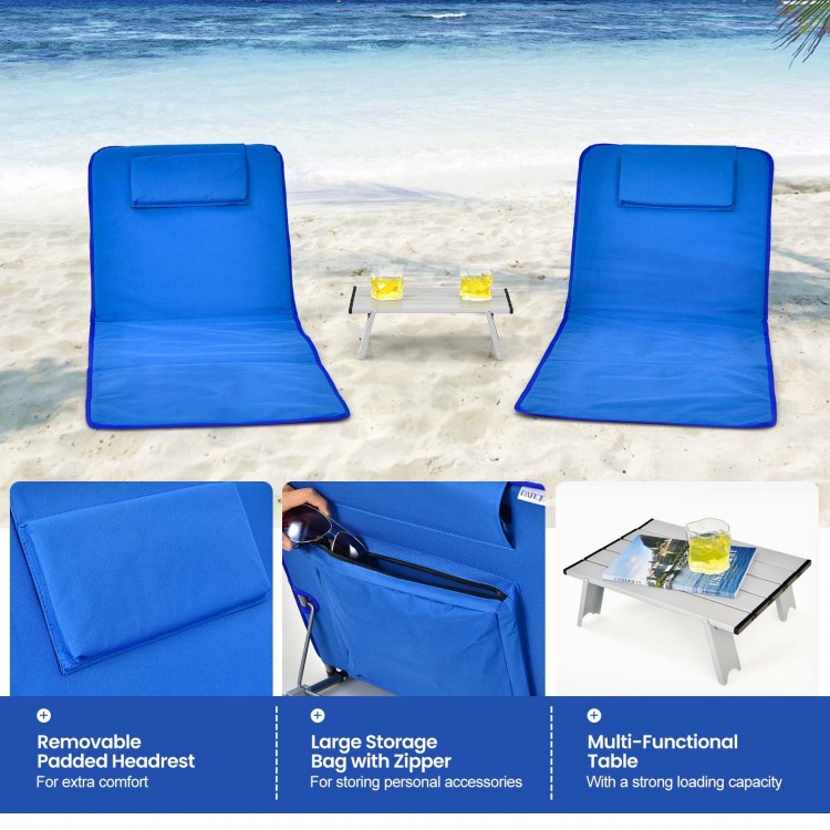 Two adjustable blue beach lounge chairs with a folding table, featuring a zippered storage bag and removable headrest.