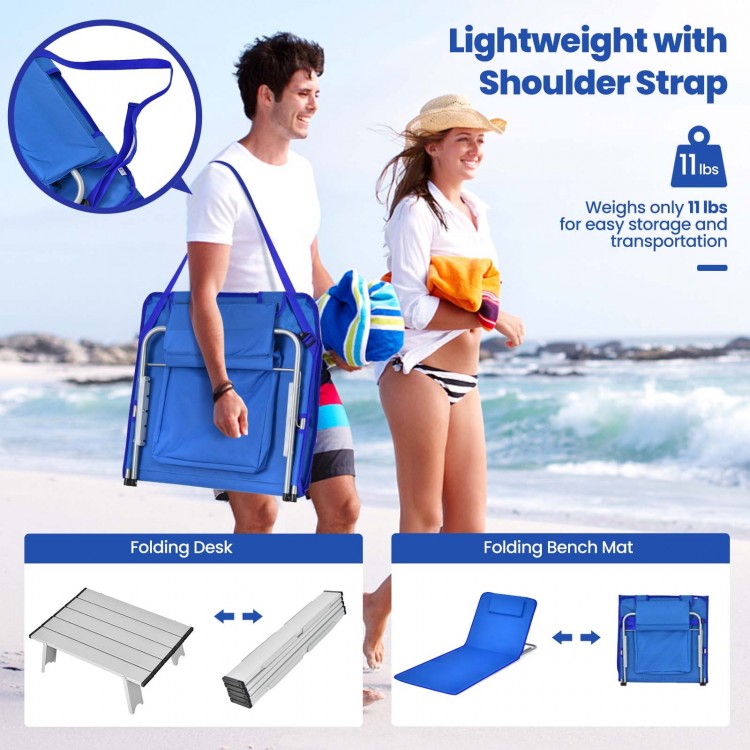 Folding beach table with a lightweight design, ideal for holding drinks and snacks during outdoor activities.