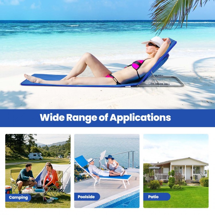 Two adjustable beach lounge chairs with a folding table in stripe-blue, perfect for sunbathing and outdoor relaxation.