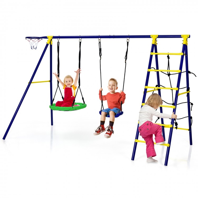 Children enjoying the 5-in-1 outdoor swing set with adjustable swings, climbing ladder, and basketball hoop for.