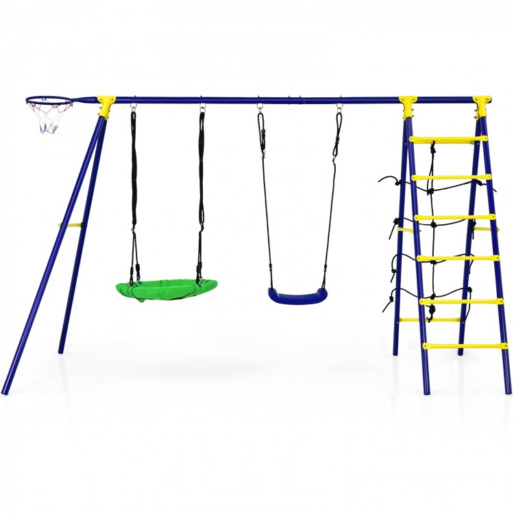 5-in-1 outdoor kids swing set featuring A-shaped metal frame, two swings, climbing ladder, and basketball hoop for fun.
