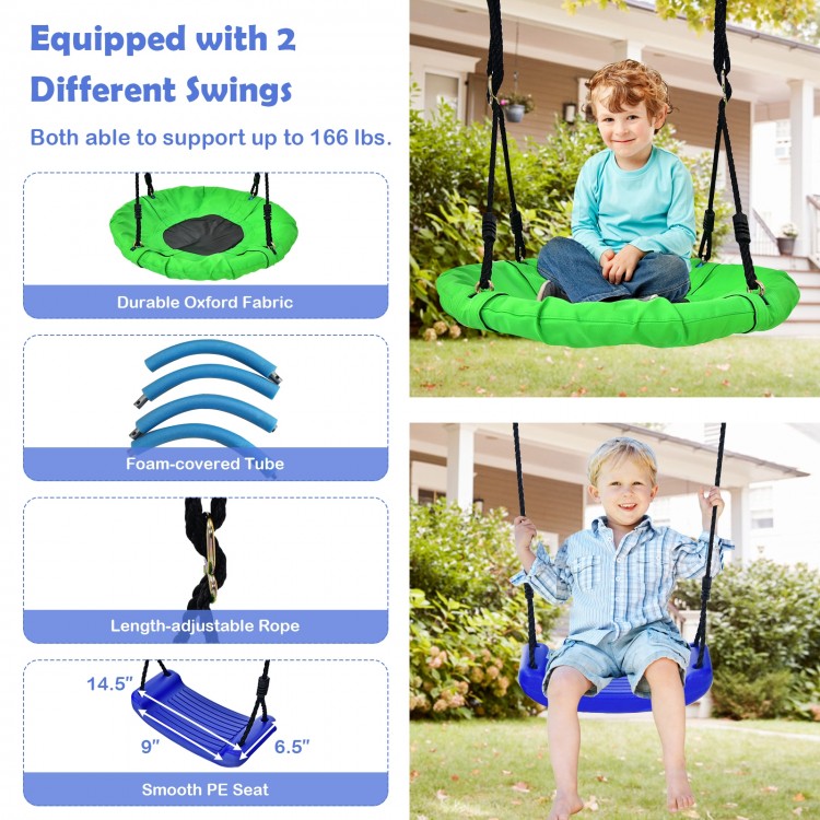 Two colorful swings from the 5-In-1 Outdoor Kids Swing Set, featuring durable oxford fabric and adjustable ropes for.